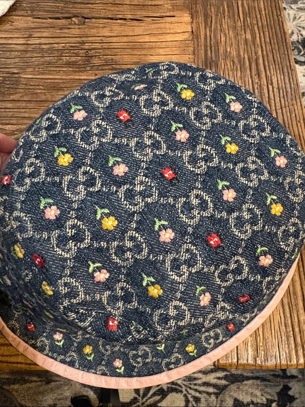 Gucci Women’s Denim Bucket Hat with Multicolor Floral Embroidery and Pink Trim - Picture 8 of 10